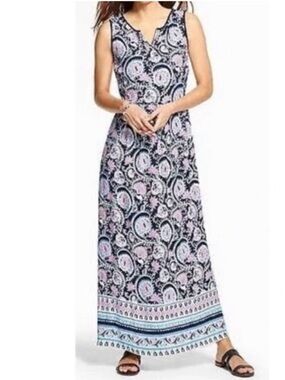 Talbots Navy Pink Paisley Maxi Dress 6 V-Neck Sleeveless Pleated Back Zip